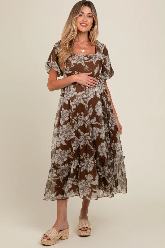 Brown Floral Chiffon Ruffle Hem Maternity Midi Dress