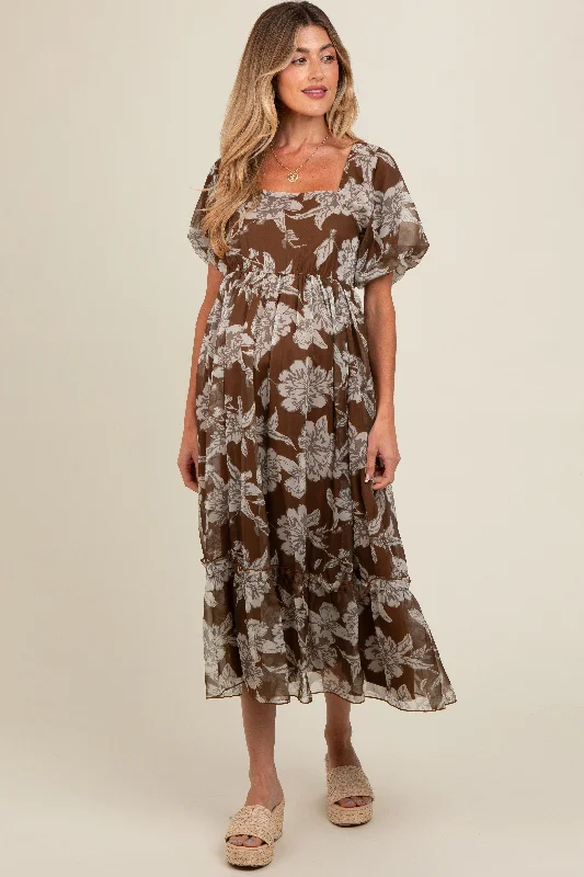 Brown Floral Chiffon Ruffle Hem Maternity Midi Dress