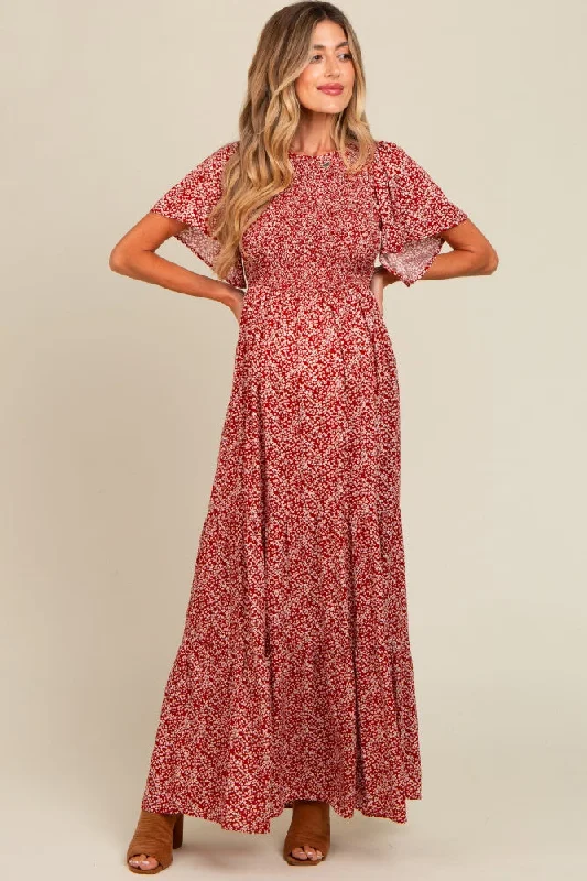 Burgundy Floral Smocked Flutter Sleeve Maternity Maxi Dress