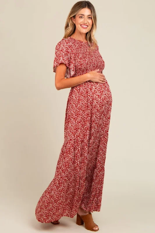 Burgundy Floral Smocked Flutter Sleeve Maternity Maxi Dress