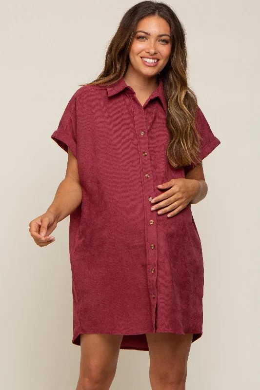 Burgundy Ribbed Button Down Maternity Mini Dress