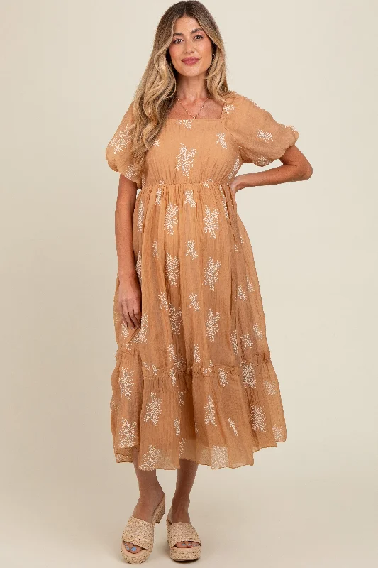 Camel Floral Print Ruffle Hem Maternity Maxi Dress