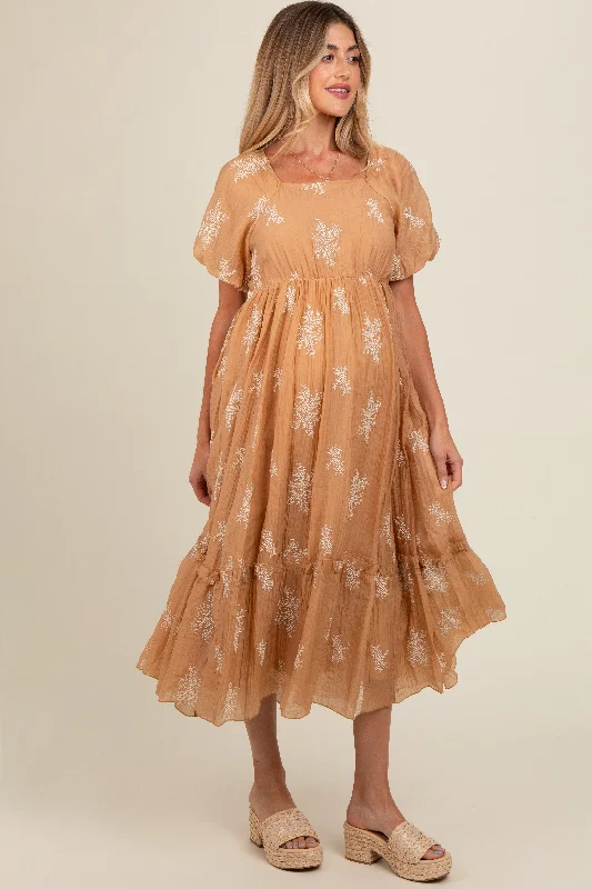 Camel Floral Print Ruffle Hem Maternity Maxi Dress