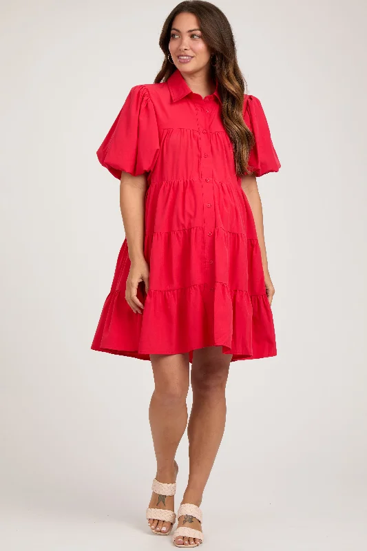 Coral Red Puff Sleeve Maternity Mini Shirt Dress