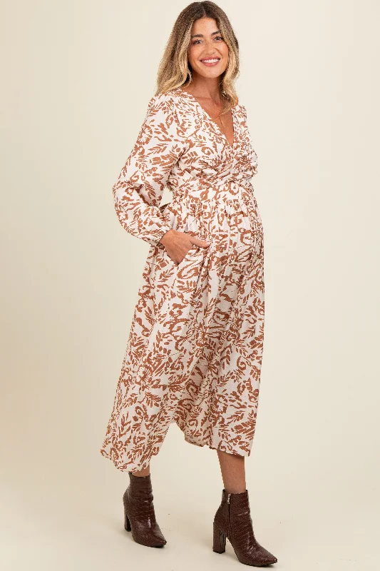 Cream Abstract Floral Gathered Front Maternity Midi Dress