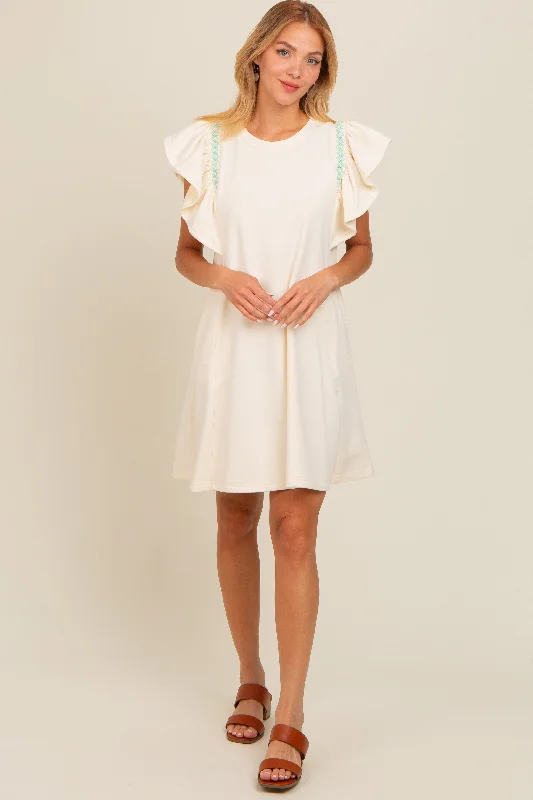 Cream Embroidered Ruffle Sleeve Maternity Dress