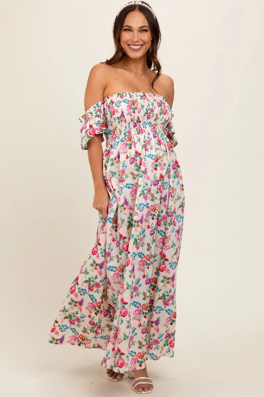 Cream Floral Off Shoulder Maternity Dress