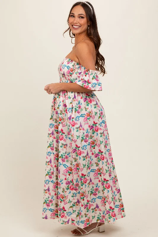 Cream Floral Off Shoulder Maternity Dress