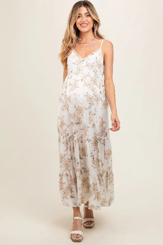 Cream Floral Sleeveless Tiered Maternity Maxi Dress