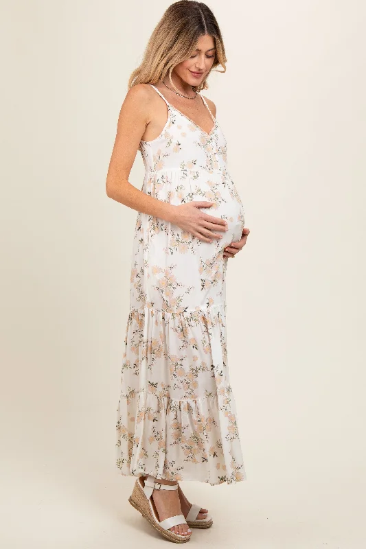 Cream Floral Sleeveless Tiered Maternity Maxi Dress