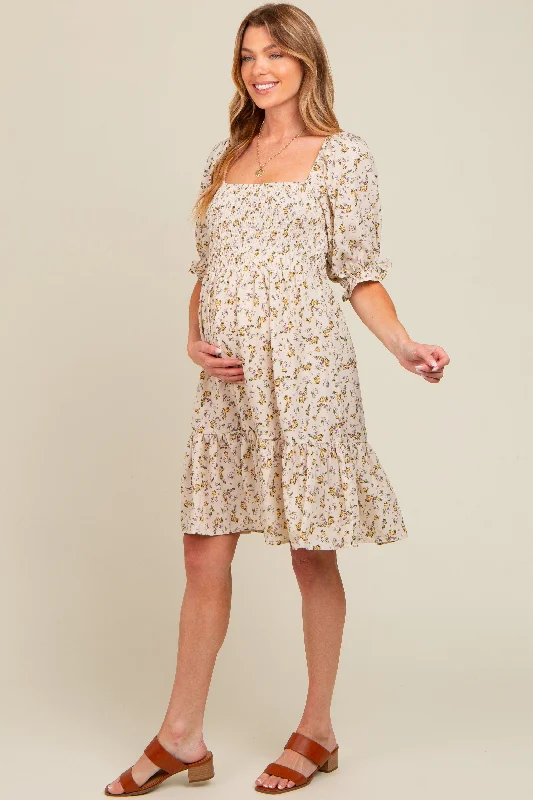 Cream Floral Smocked Puff Sleeve Maternity Dress