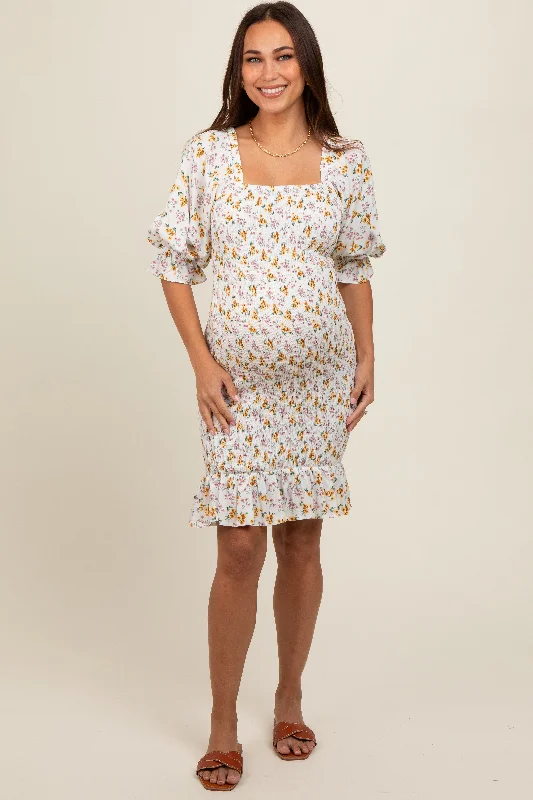 Cream Floral Square Neck Smocked Bodycon Maternity Dress