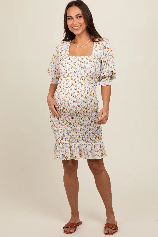 Cream Floral Square Neck Smocked Bodycon Maternity Dress