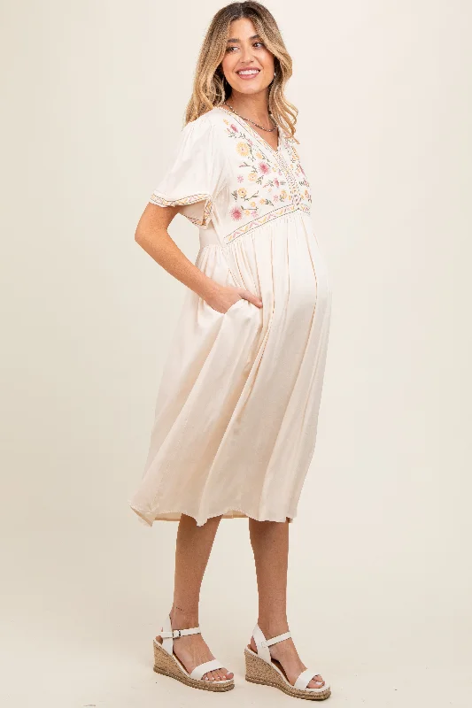 Cream Short Sleeve V-Neck Maternity Midi Dress