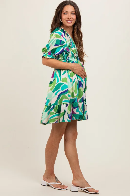 Emerald Green Abstract Print Smocked Maternity Dress