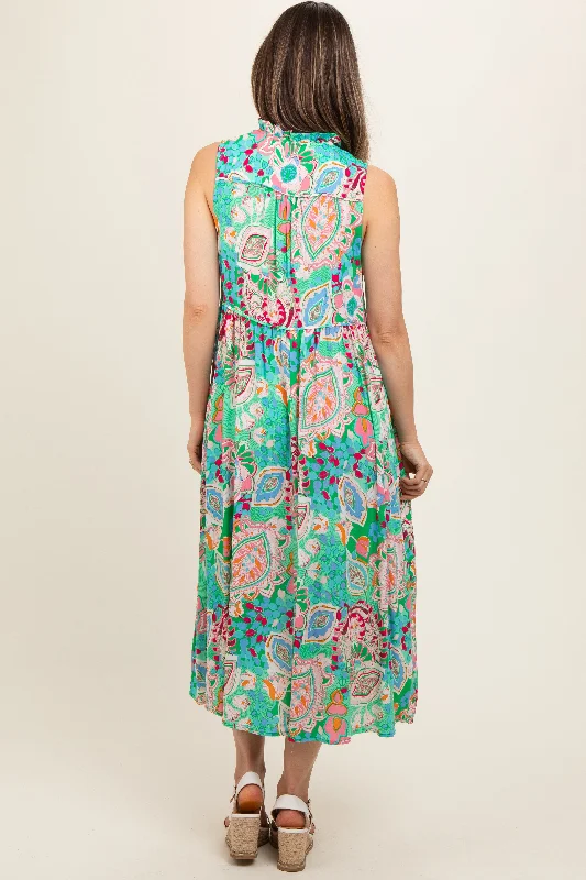 Emerald Green Floral Paisley Mock Neck Maternity Midi Dress