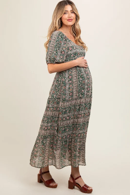 Forest Green V-Neck 3/4 Sleeve Maternity Maxi Dress