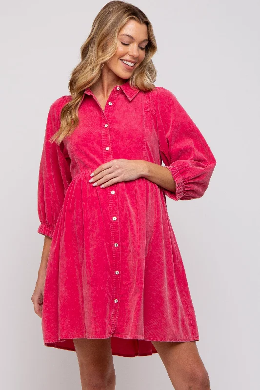 Fuchsia Corduroy Button Down Collared Maternity Dress