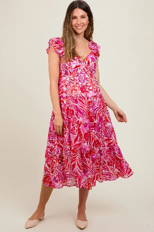 Fuchsia Floral Flutter Sleeve Maternity Dress