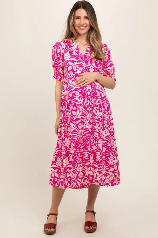 Fuchsia Floral V-Neck Tiered Maternity Midi Dress