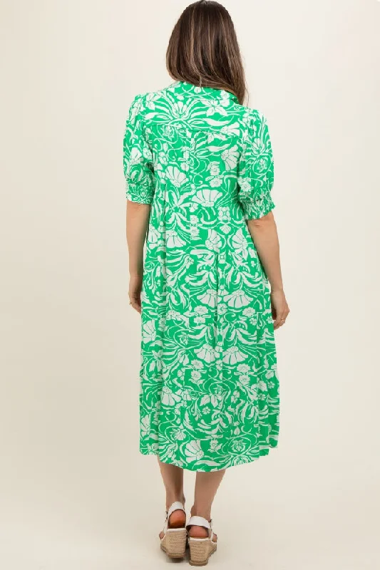 Green Floral V-Neck Tiered Maternity Midi Dress