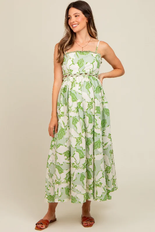 Green Floral Wave Trim Back Tie Maternity Midi Dress