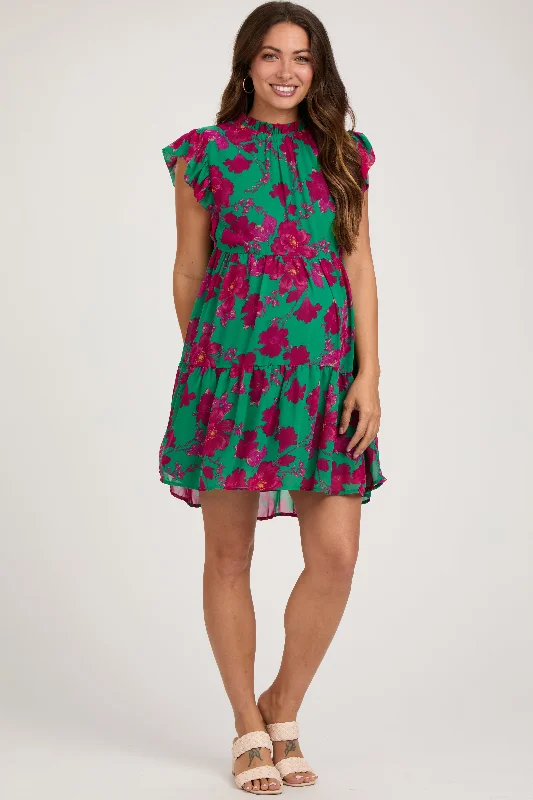 Green Magenta Floral Tiered Maternity Mini Dress