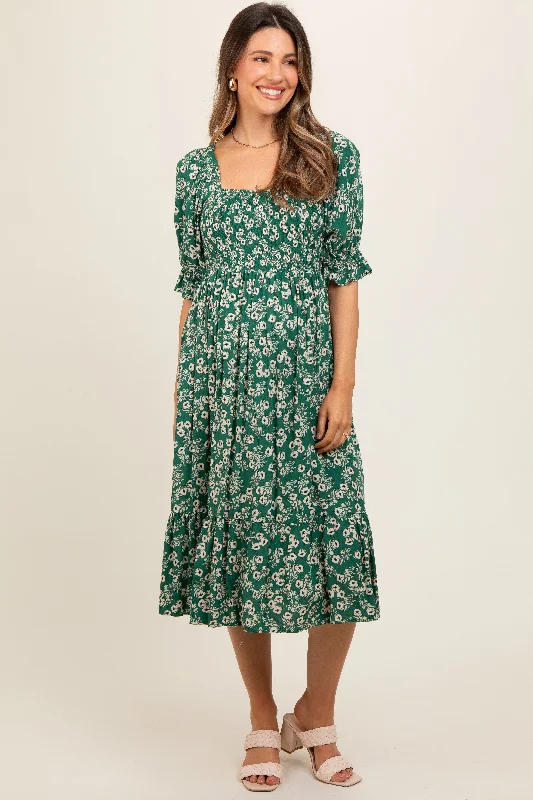 Green Square Neck Smocked Maternity Dress