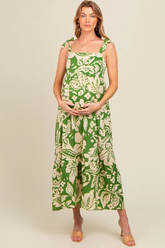 Green Tropical Floral Shoulder Tie Tiered Maternity Midi Dress