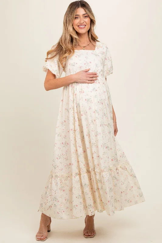 Ivory Floral Eyelet Puff Sleeve Maternity Maxi Dress