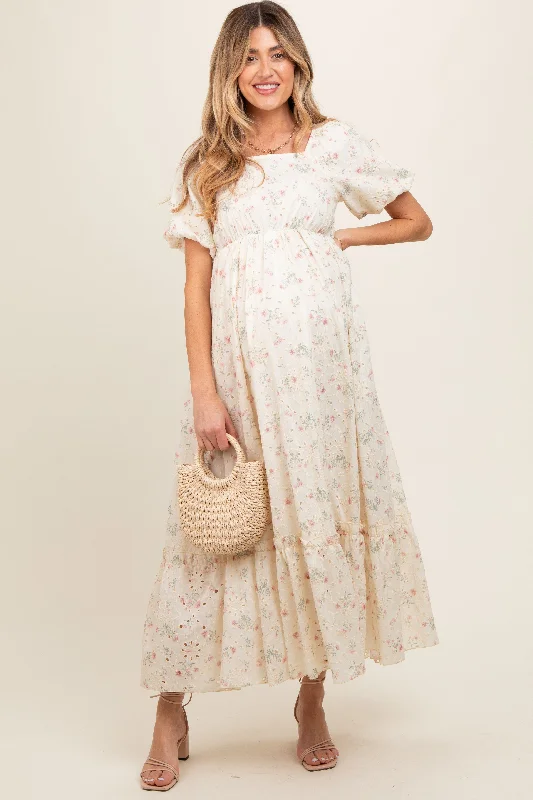 Ivory Floral Eyelet Puff Sleeve Maternity Maxi Dress