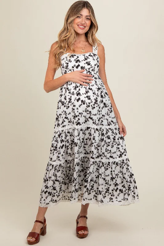 Ivory Floral Lace Trim Tiered Maternity Maxi Dress