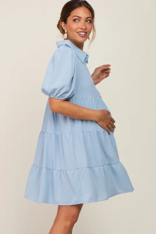 Light Blue Collared Button Front Tiered Maternity Dress