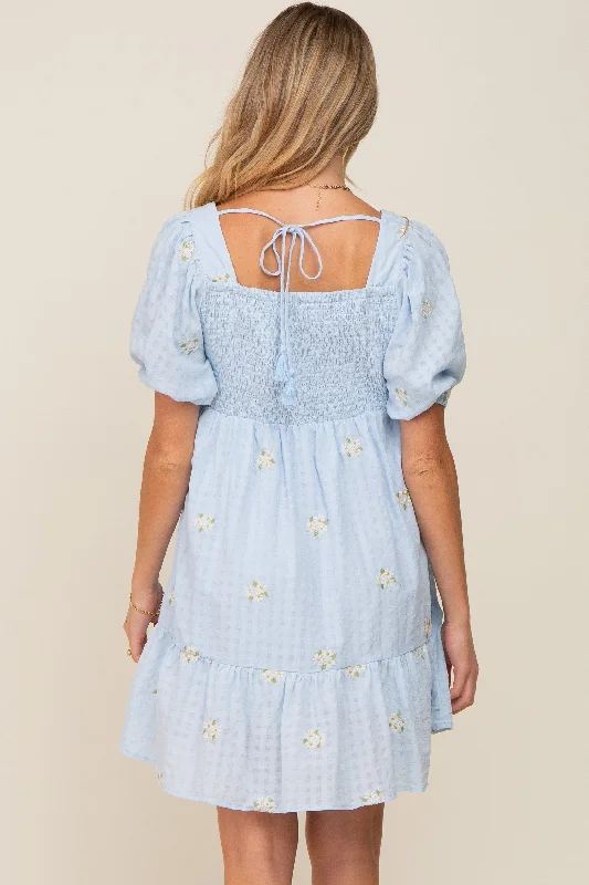 Light Blue Floral Embroidered Puff Sleeve Maternity Dress