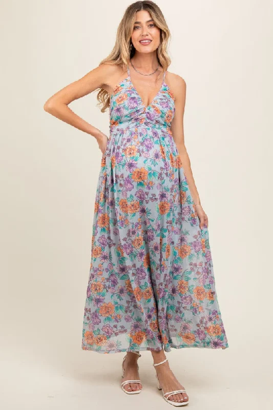 Light Blue Floral Mesh Sleeveless Maternity Maxi Dress