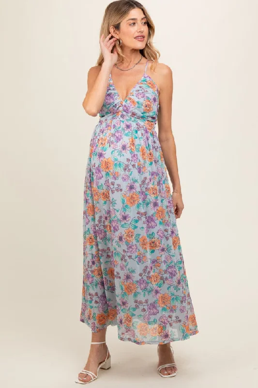 Light Blue Floral Mesh Sleeveless Maternity Maxi Dress