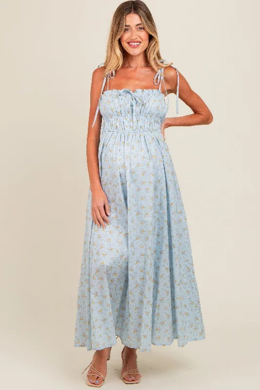 Light Blue Floral Ruched Bust Shoulder Tie Maternity Maxi Dress