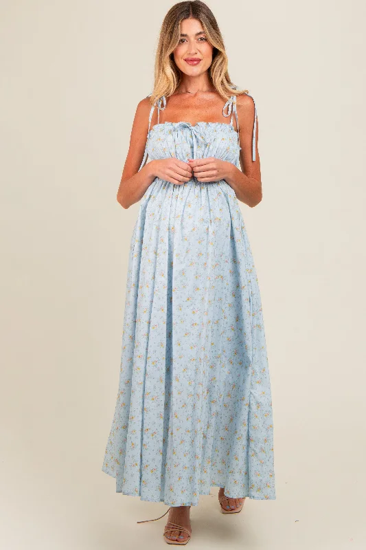 Light Blue Floral Ruched Bust Shoulder Tie Maternity Maxi Dress