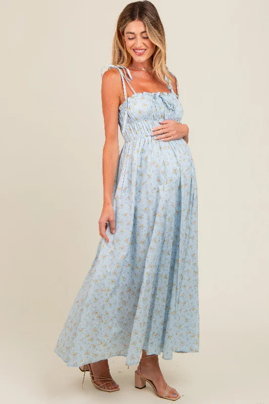 Light Blue Floral Ruched Bust Shoulder Tie Maternity Maxi Dress