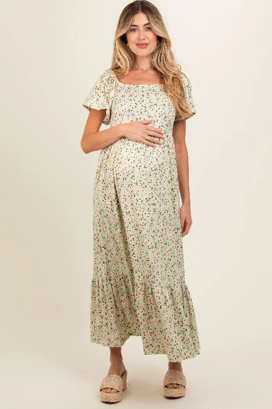 Light Green Floral Short Sleeve Maternity Maxi Dress