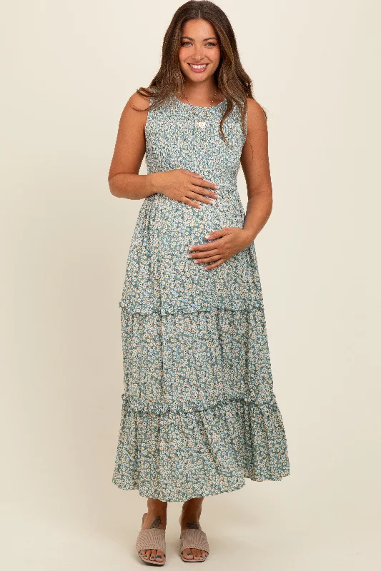 Light Olive Floral Sleeveless Ruffle Tiered Maternity Maxi Dress