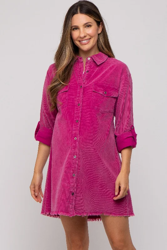 Magenta Corduroy Button Front Fringe Hem Maternity Dress