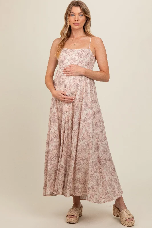 Mauve Floral Ruffle Hem Maternity Maxi Dress