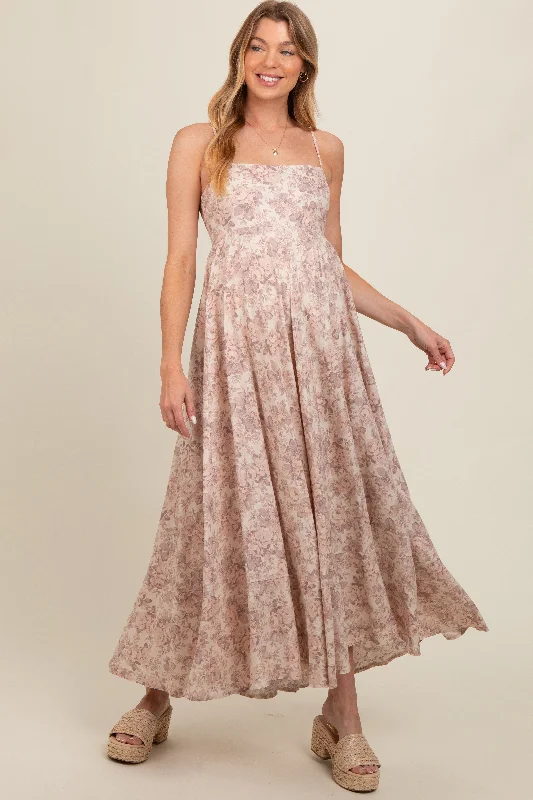 Mauve Floral Ruffle Hem Maternity Maxi Dress