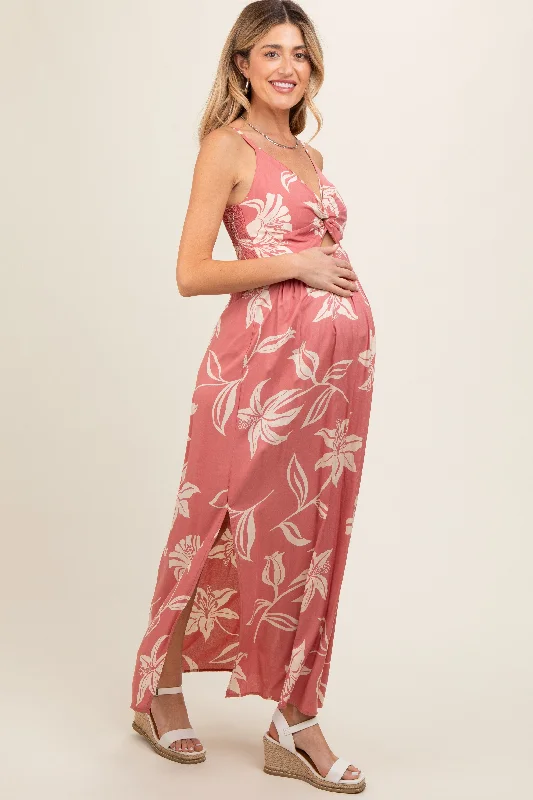 Mauve Floral Sleeveless Knotted Maternity Maxi Dress