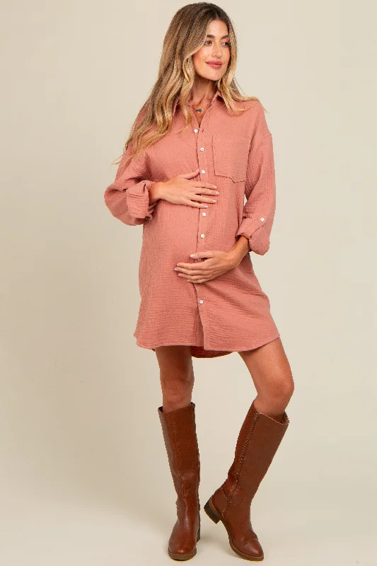 Mauve Rolled Cuff Maternity Button Down Dress