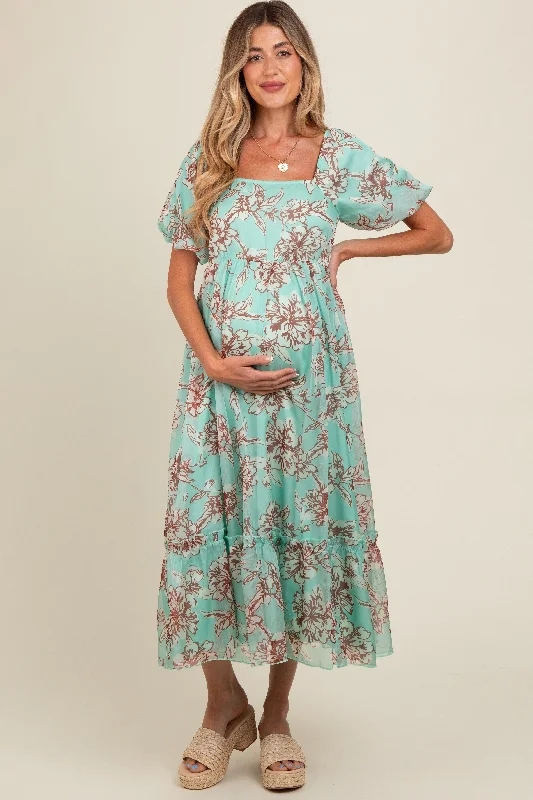 Mint Green Floral Chiffon Ruffle Hem Maternity Midi Dress