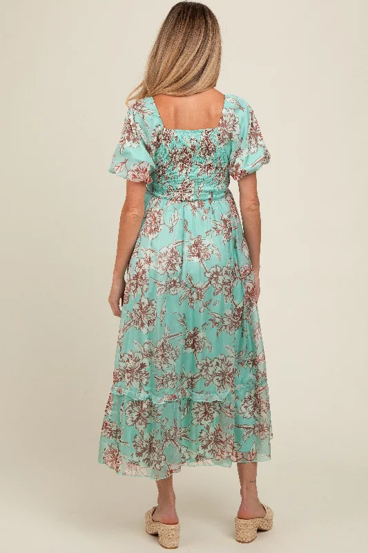 Mint Green Floral Chiffon Ruffle Hem Maternity Midi Dress