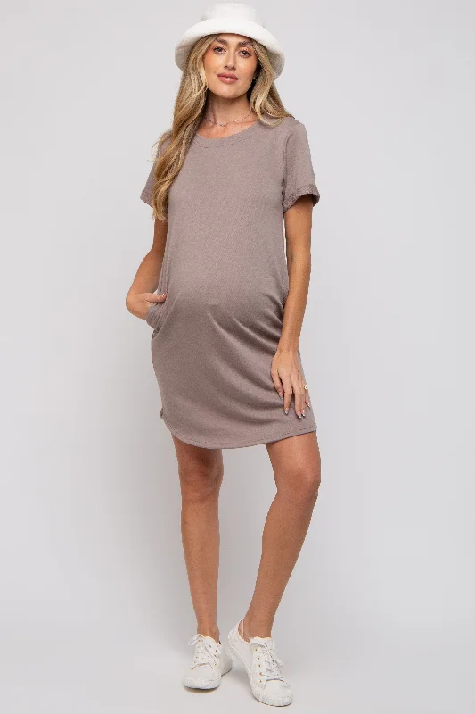 Mocha French Terry Cuffed Short Sleeve Maternity Dress