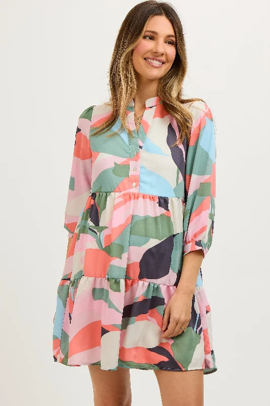 Multicolor Print Front Button Maternity Dress